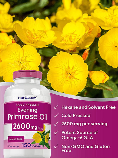 Evening Primrose Oil Capsules 2600mg | 150 Softgels | Hexane Free Pills | Cold Pressed Supplement with GLA | Non-GMO, Gluten Free | by Horbaach