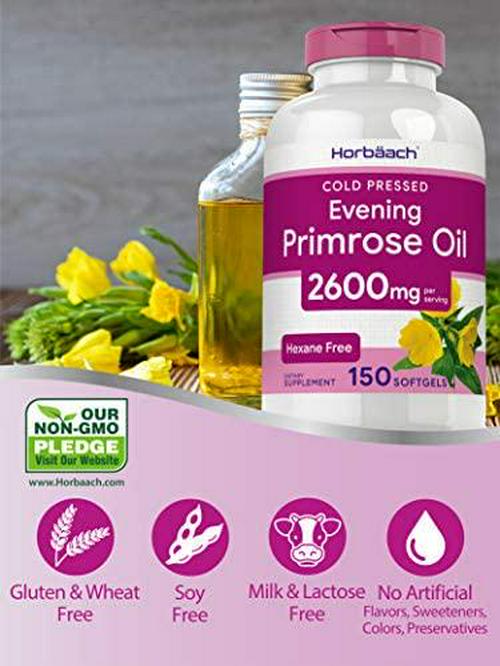 Evening Primrose Oil Capsules 2600mg | 150 Softgels | Hexane Free Pills | Cold Pressed Supplement with GLA | Non-GMO, Gluten Free | by Horbaach