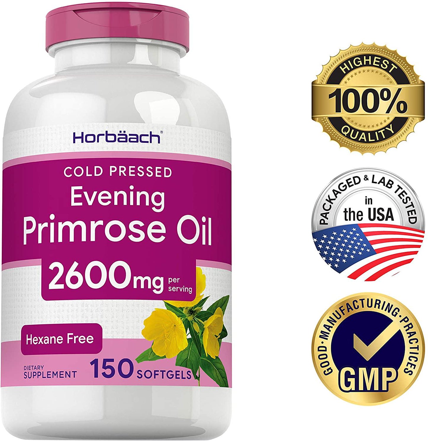 Evening Primrose Oil Capsules 2600mg | 150 Softgels | Hexane Free Pills | Cold Pressed Supplement with GLA | Non-GMO, Gluten Free | by Horbaach