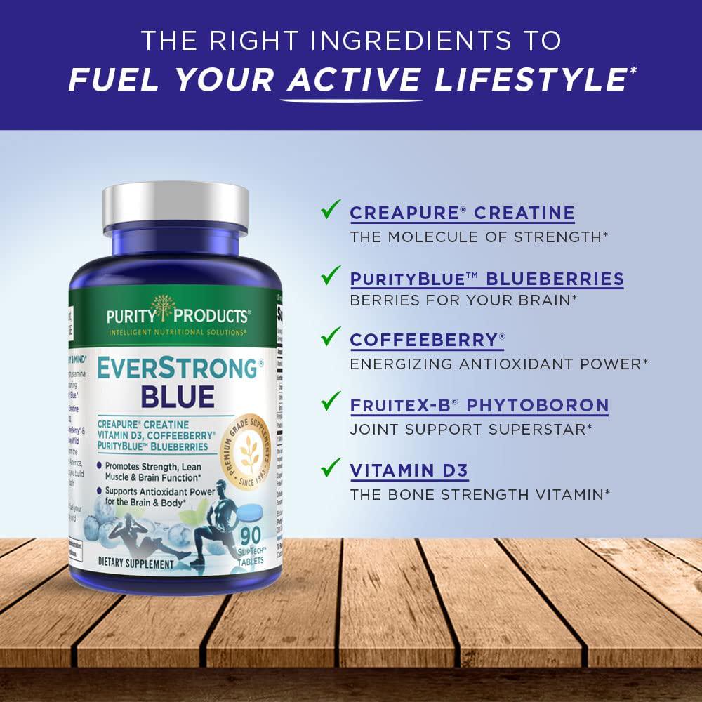 EverStrong Blue by Purity Products - Strength Building + Brain Boosting w/ Muscle Matrix Blend ft. Creapure Creatine Monohydrate + more, Wild Organic Blueberry Complex, 1000 IU Vitamin D3 - 90 Tablets