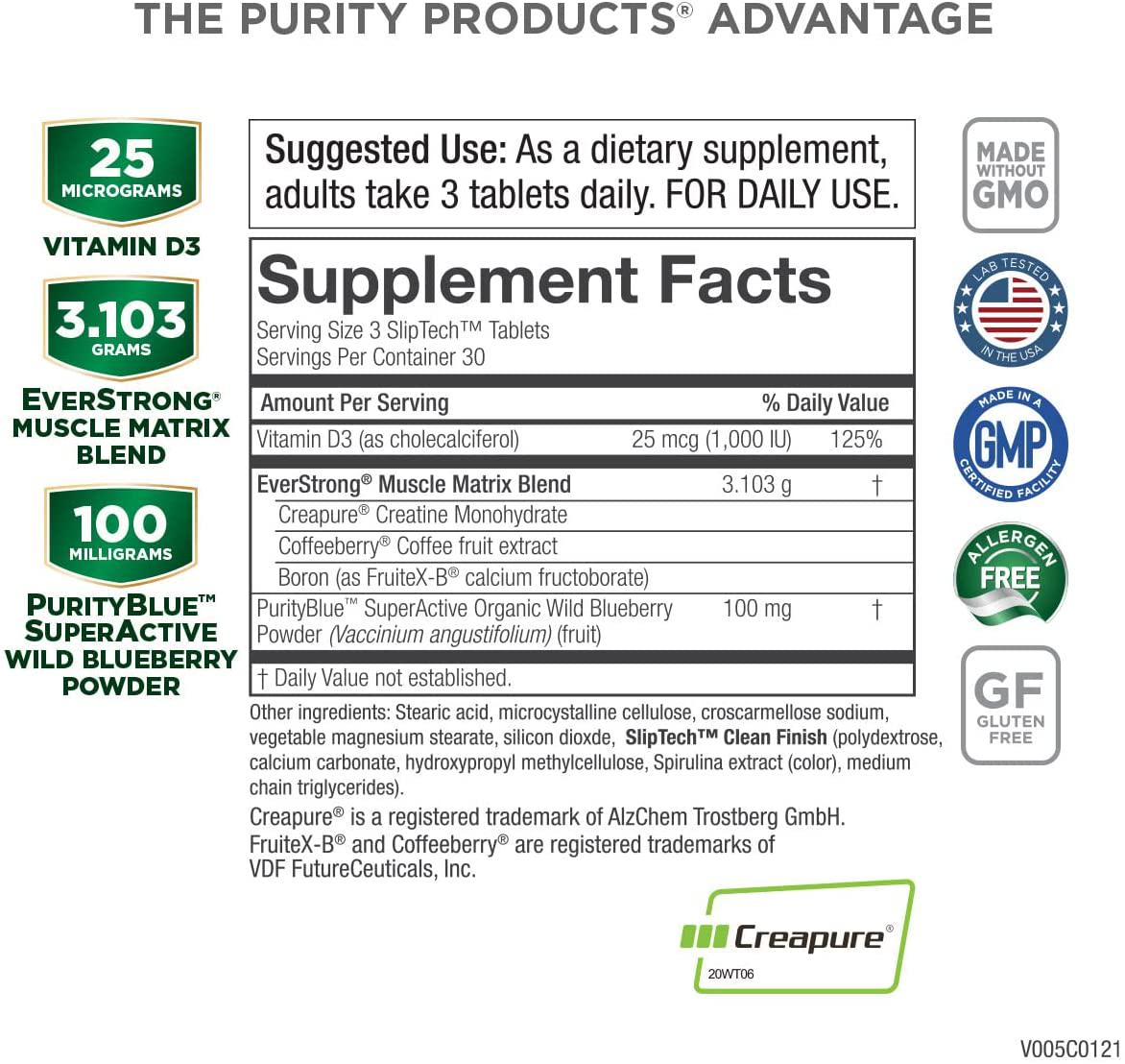 EverStrong Blue by Purity Products - Strength Building + Brain Boosting w/ Muscle Matrix Blend ft. Creapure Creatine Monohydrate + more, Wild Organic Blueberry Complex, 1000 IU Vitamin D3 - 90 Tablets