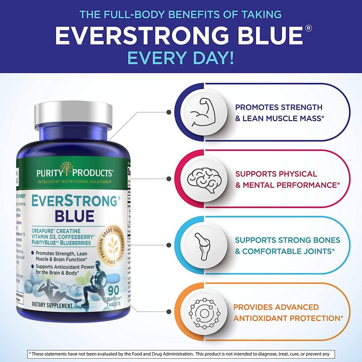 EverStrong Blue by Purity Products - Strength Building + Brain Boosting w/ Muscle Matrix Blend ft. Creapure Creatine Monohydrate + more, Wild Organic Blueberry Complex, 1000 IU Vitamin D3 - 90 Tablets