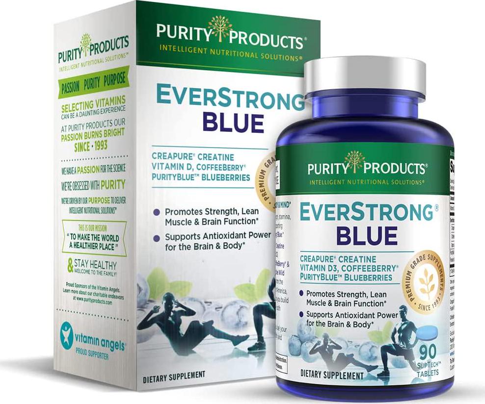 EverStrong Blue by Purity Products - Strength Building + Brain Boosting w/ Muscle Matrix Blend ft. Creapure Creatine Monohydrate + more, Wild Organic Blueberry Complex, 1000 IU Vitamin D3 - 90 Tablets