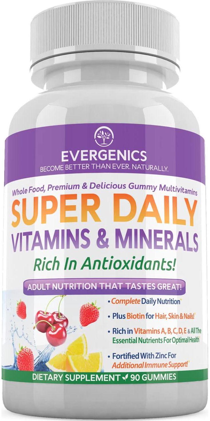 Evergenics Super Daily Wholefood Multivitamins, Minerals and Antioxidants for Adults. Delicious Gummies Offering Complete Daily Nutrition from Natural and Organic Ingredients. 90 Gummies.