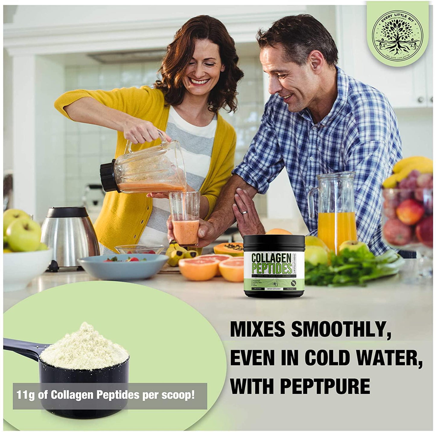 Every Little Bit Collagen Peptides Powder – Protein and Amino Acid Supplement, Hair, Skin, Nails and Joints – Potent 11g Per Serving