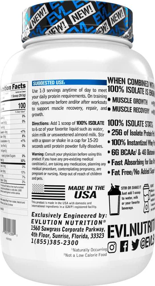 Evlution Nutrition 100% Isolate, Whey Isolate Protein Powder, 25 G of Fast Absorbing Protein, No Sugar Added, Low-Carb, Gluten-Free (Vanilla Ice Cream, 1.6 LB)