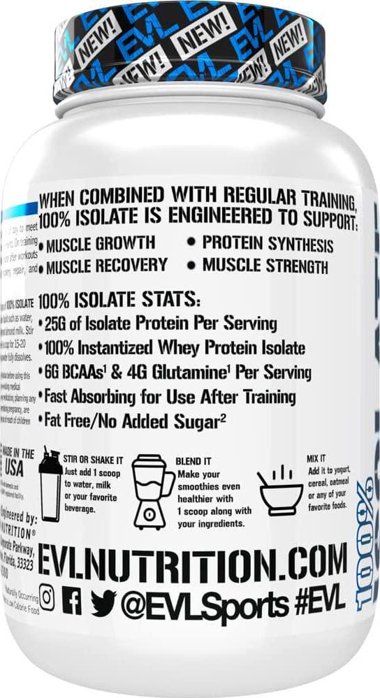 Evlution Nutrition 100% Isolate, Whey Isolate Protein Powder, 25 G of Fast Absorbing Protein, No Sugar Added, Low-Carb, Gluten-Free (Vanilla Ice Cream, 1.6 LB)