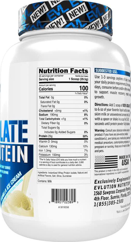 Evlution Nutrition 100% Isolate, Whey Isolate Protein Powder, 25 G of Fast Absorbing Protein, No Sugar Added, Low-Carb, Gluten-Free (Vanilla Ice Cream, 1.6 LB)