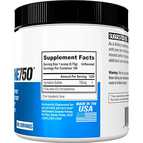Evlution Nutrition Agmatine750, 750mg of Agmatine Sulfate in Each Serving, Vegan, Gluten Free, Unflavored Powder (100 Servings)