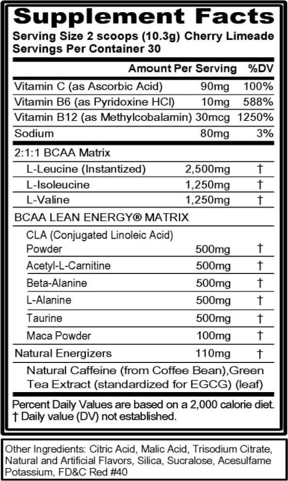 Evlution Nutrition BCAA Lean Energy - Essential BCAA Amino Acids + Vitamin C, Fat Burning and Natural Energy, Performance, Immune Support, Lean Muscle, Recovery, Pre Workout, 30 Serve, Cherry Limeade