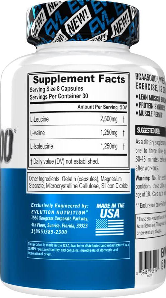 Evlution Nutrition BCAA5000, Branched Chain Amino Acids, Muscle Building Capsules with 5 Grams of BCAAs (30 Servings)