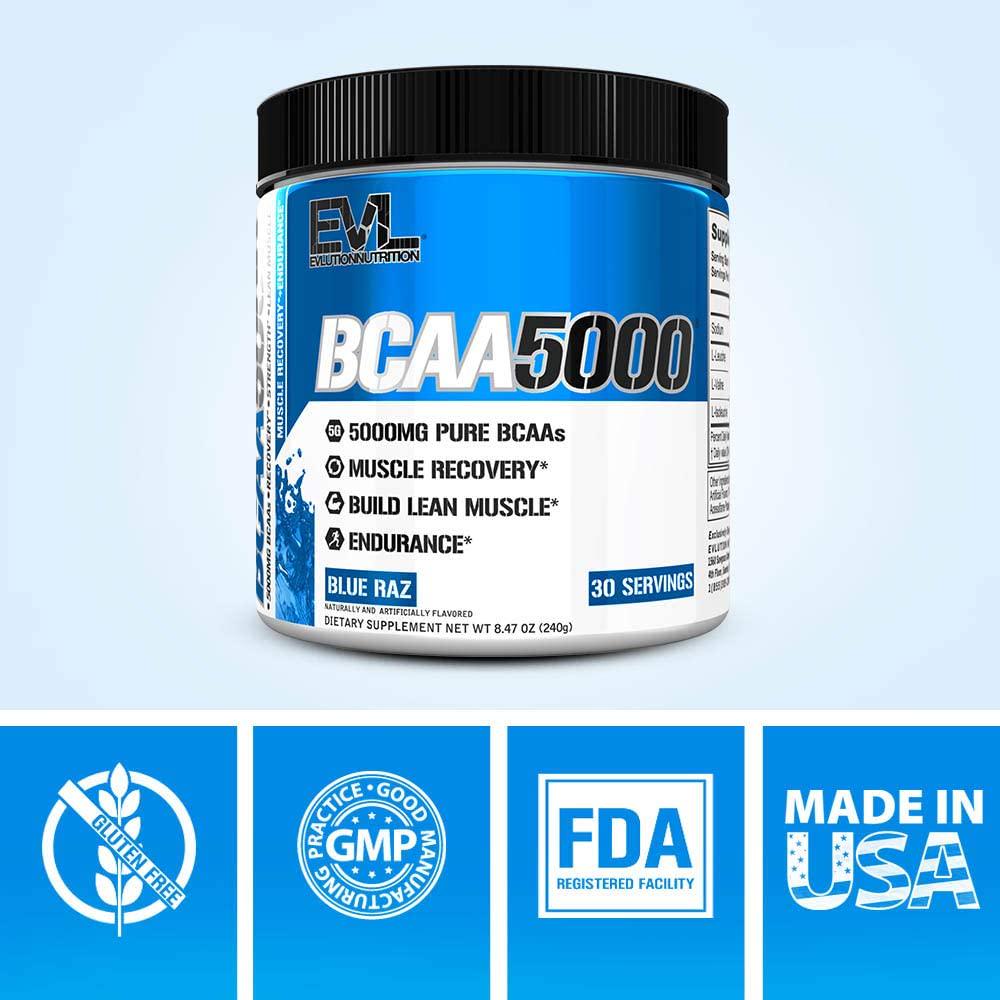 Evlution Nutrition BCAA5000 Powder 5 Grams of Branched Chain Amino Acids (BCAAs) Essential for Performance, Recovery, Endurance, Muscle Building, Keto Friendly, No Sugar (30 Servings, Blue Raz)