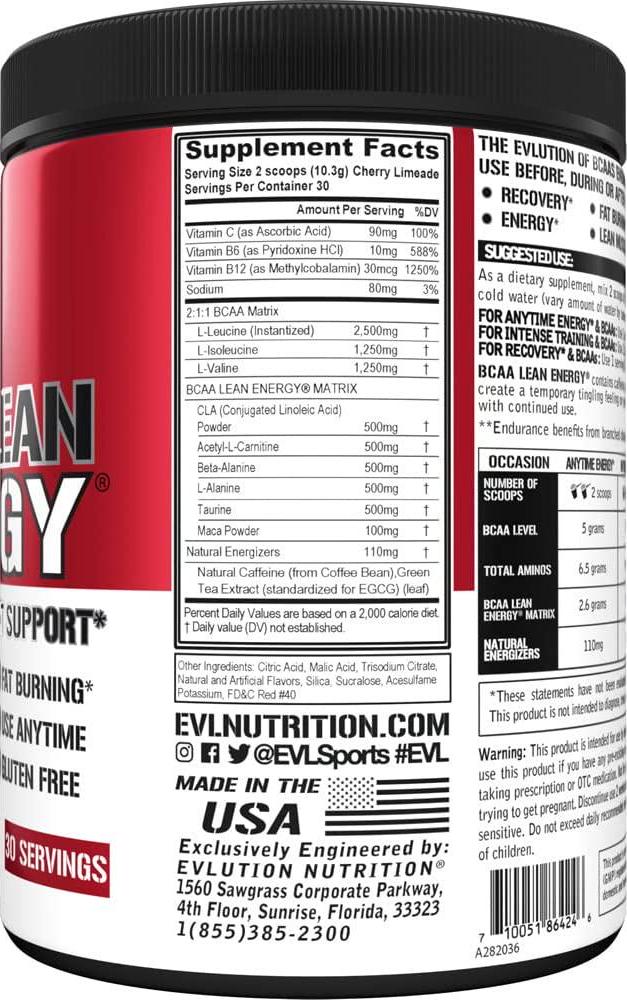 Evlution Nutrition BCAA Lean Energy - Essential BCAA Amino Acids + Vitamin C, Fat Burning and Natural Energy, Performance, Immune Support, Lean Muscle, Recovery, Pre Workout, 30 Serve, Cherry Limeade