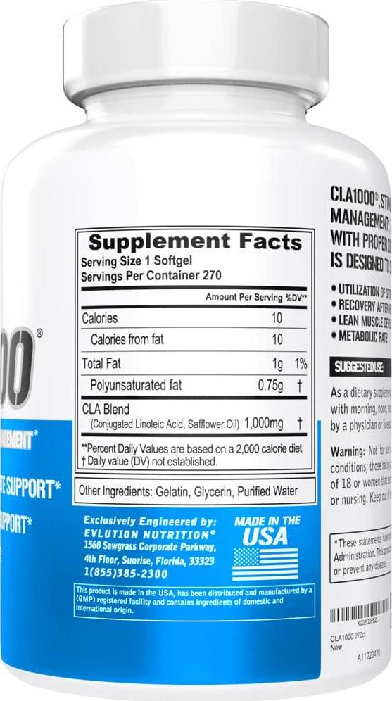 Evlution Nutrition CLA 1000, Conjugated Linoleic Acid, Weight Loss Supplement, Metabolism Support, Stimulant-Free (270 Servings)