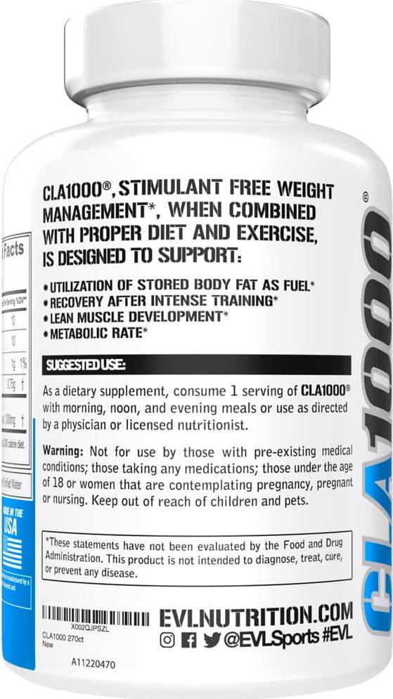 Evlution Nutrition CLA 1000, Conjugated Linoleic Acid, Weight Loss Supplement, Metabolism Support, Stimulant-Free (270 Servings)