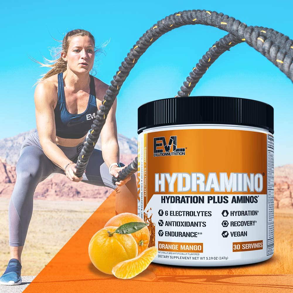 Evlution Nutrition HYDRAMINO Complete Hydration Multiplier, All 6 Electrolytes, Vitamin C and B, Fluid Boosting Aminos, Coconut Water, Endurance, Recovery, Antioxidants, 30 Serve, Orange Mango