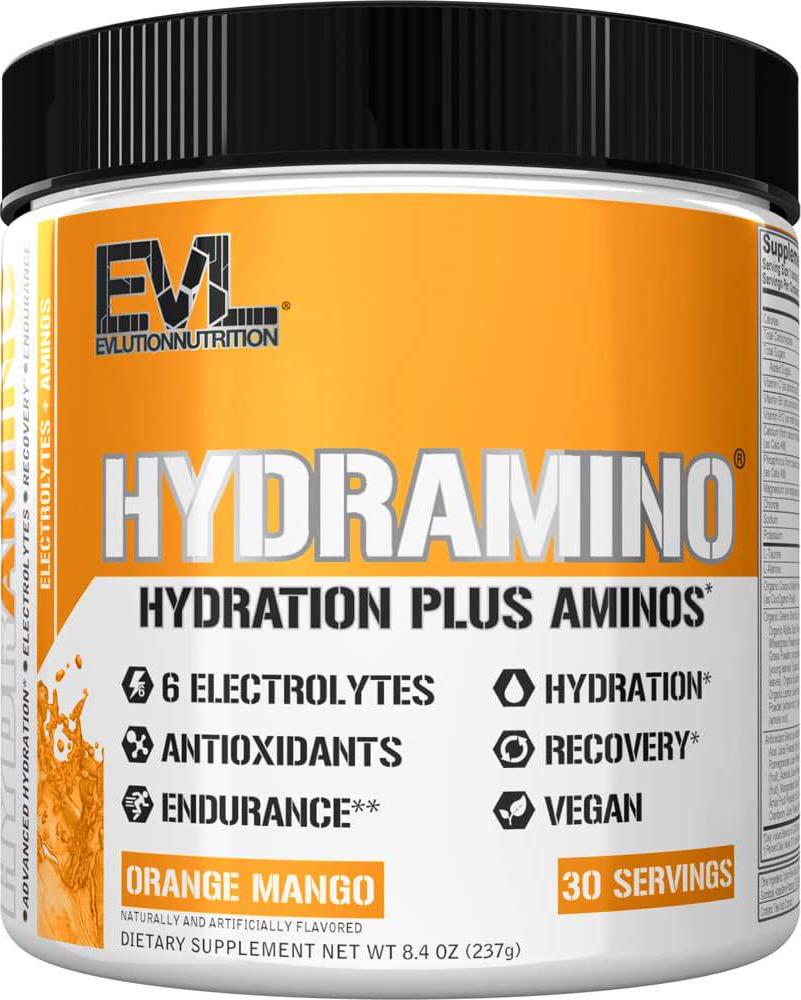 Evlution Nutrition HYDRAMINO Complete Hydration Multiplier, All 6 Electrolytes, Vitamin C and B, Fluid Boosting Aminos, Coconut Water, Endurance, Recovery, Antioxidants, 30 Serve, Orange Mango