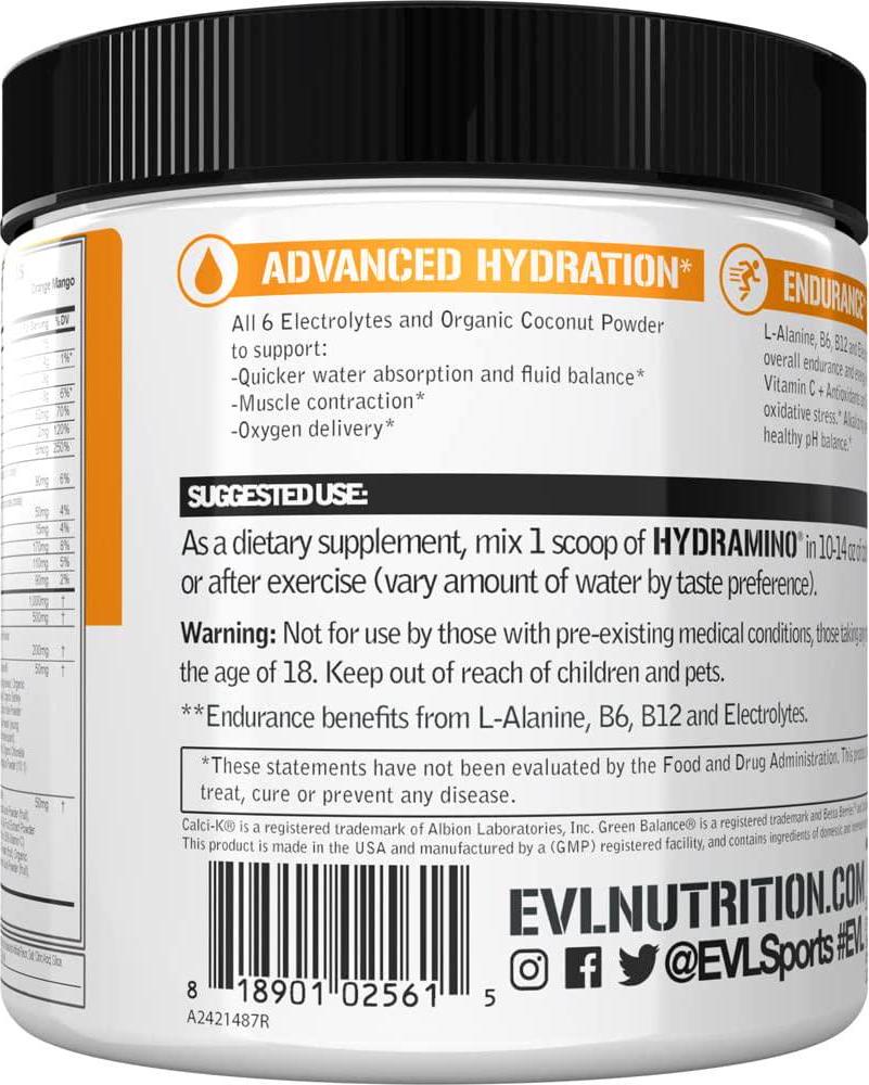 Evlution Nutrition HYDRAMINO Complete Hydration Multiplier, All 6 Electrolytes, Vitamin C and B, Fluid Boosting Aminos, Coconut Water, Endurance, Recovery, Antioxidants, 30 Serve, Orange Mango
