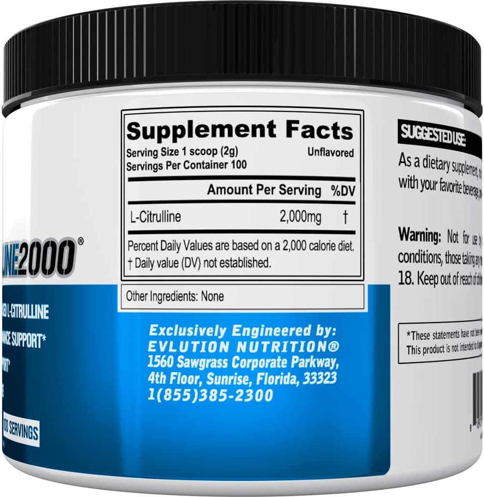 Evlution Nutrition L-Citrulline2000, Ultra-Pure Plant-Based Citrulline Supplement, Enhance Muscle Strength and Vascularity, Powerful NO Booster, Powder (100 Servings)