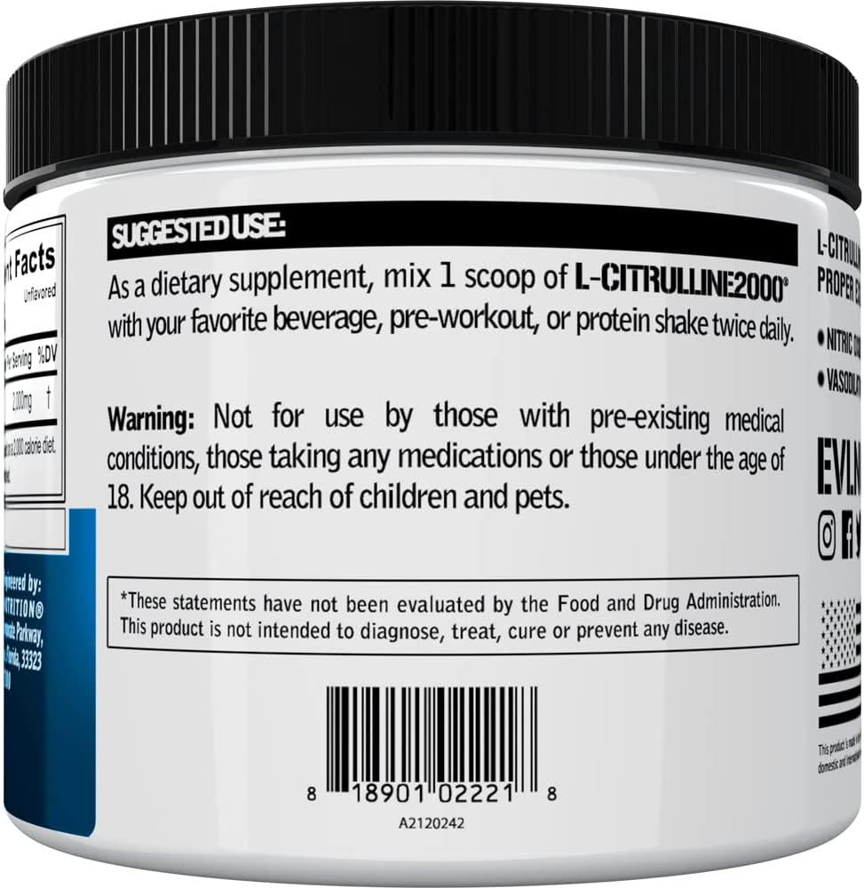 Evlution Nutrition L-Citrulline2000, Ultra-Pure Plant-Based Citrulline Supplement, Enhance Muscle Strength and Vascularity, Powerful NO Booster, Powder (100 Servings)
