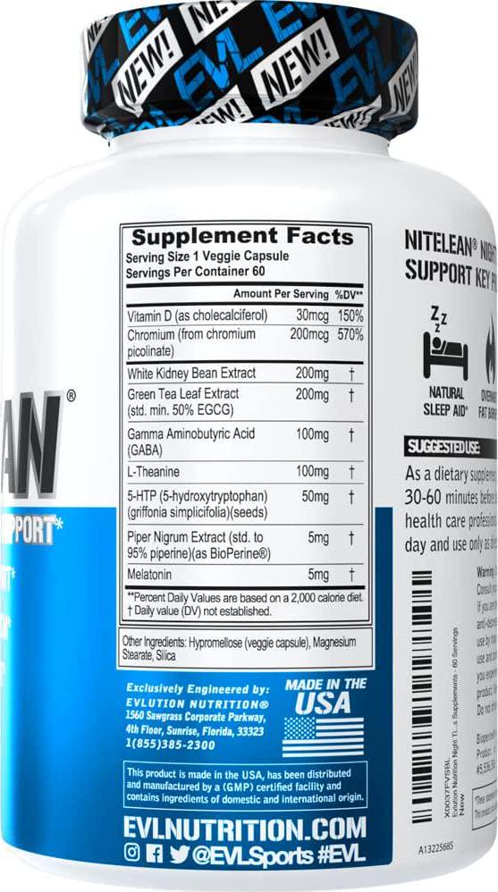 Evlution Nutrition Night Time Fat Burner Appetite Suppressant for Weight Loss Diet Pills - Natural Rest Aid, Metabolism Booster for Weight Loss for Women and Men - Weight Loss Supplements (60 Servings)