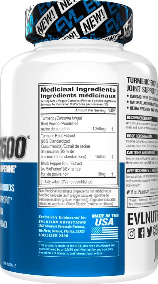 Evlution Nutrition Turmeric Curcumin with Bioperine 1500mg Premium Pain Relief and Joint Support with 95% Standardized Curcuminoids, Non-GMO, Gluten Free Turmeric Capsules (30 Serving Veggie Capsules)
