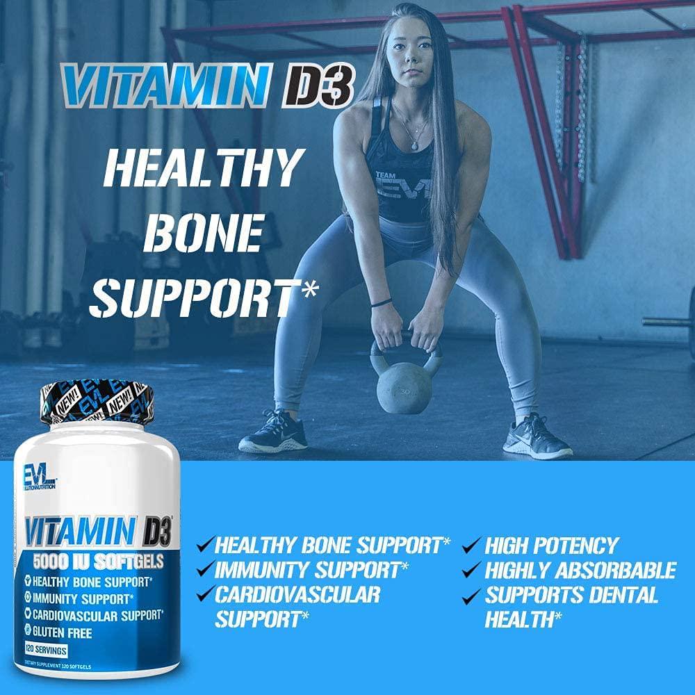Evlution Nutrition Vitamin D3, 5000 IU High Potency, Bone and Joint Support, Heart and Immune System Health, Non-GMO and Gluten-Free, Value Size (120 Servings)