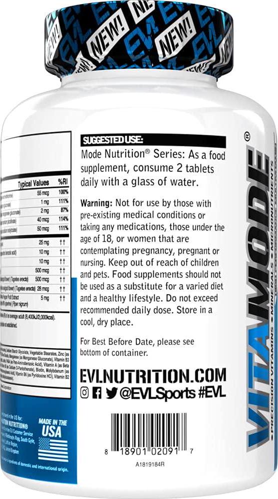 Evlution Nutrition VITAMODE Men’s High-Performance Daily Multivitamin, Full Spectrum Vitamins and Minerals, Vitamin C and D, Zinc, Antioxidants, 120 Tablets, 60 Days