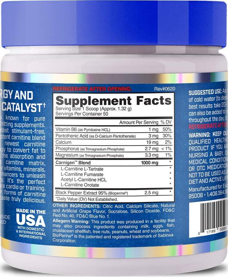 Evogen Carnigen | Carnitine Fat Burning Powder, Carnitine Tartrate, Acetyl-l-carnitine, Carnitine Orotate, Carnitine Fumarate, Bioperine | Grape