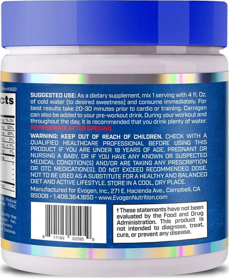 Evogen Carnigen | Carnitine Fat Burning Powder, Carnitine Tartrate, Acetyl-l-carnitine, Carnitine Orotate, Carnitine Fumarate, Bioperine | Grape