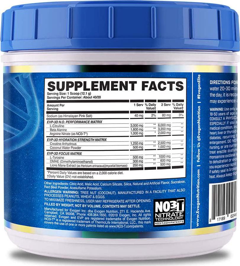 Evogen EVP-3D | Extreme Pre-Workout Pump Ignitor, Arginine Nitrate, Citrulline, Beta-Alanine, Lions Mane | Tropic Thunder (Pineapple Coconut) | 40 Servings