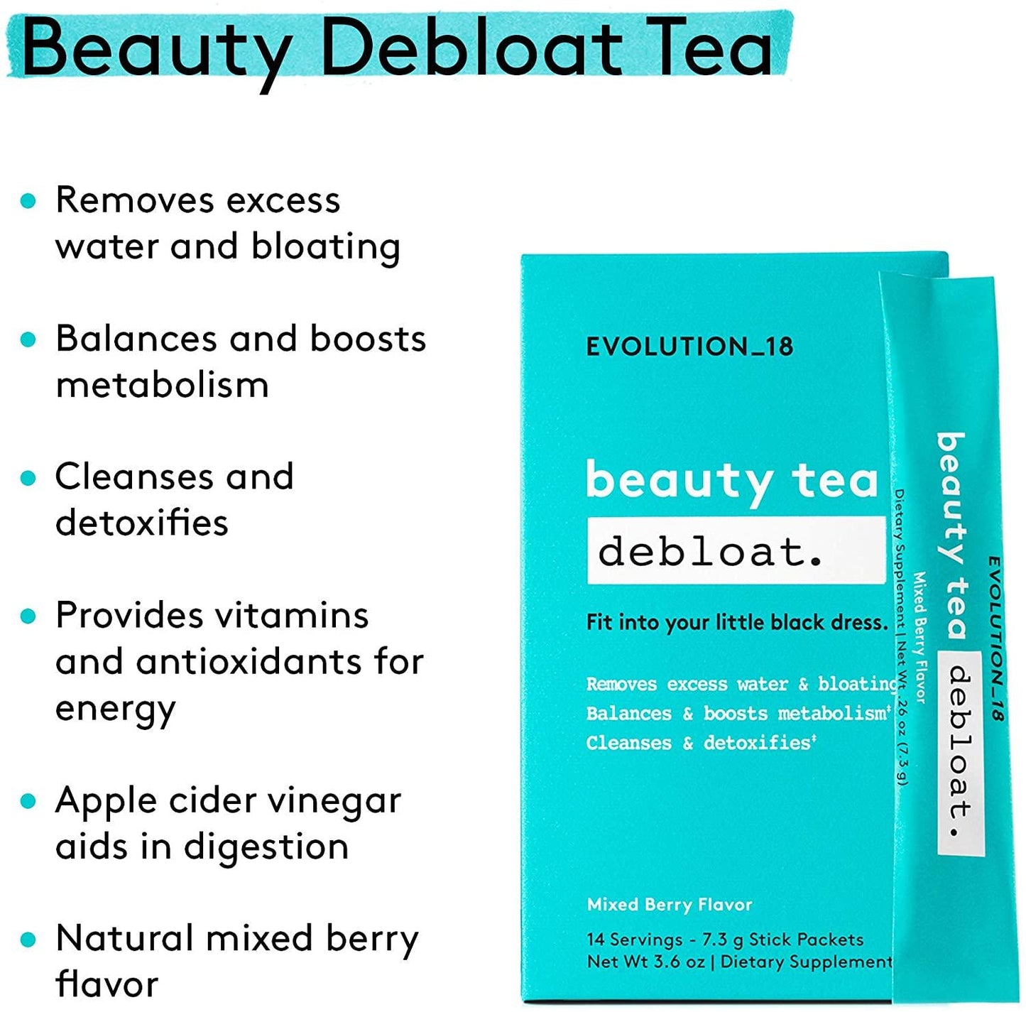 Evolution_18 Beauty Debloat Tea, Cleanse, Detox and Boost Metabolism, Mixed Berry Flavor, 7.3 g (14 Servings)