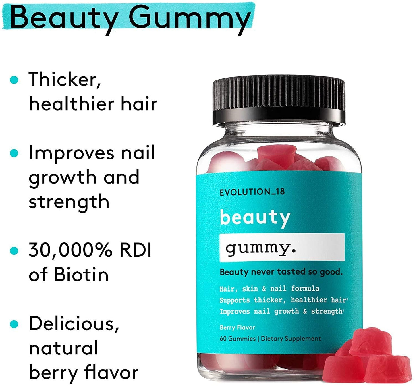 Evolution_18 Beauty Gummy | Vegan Biotin Supplements | for Healthy Skin, Nails and Hair Growth | Natural Berry Flavor | 60 Gummies