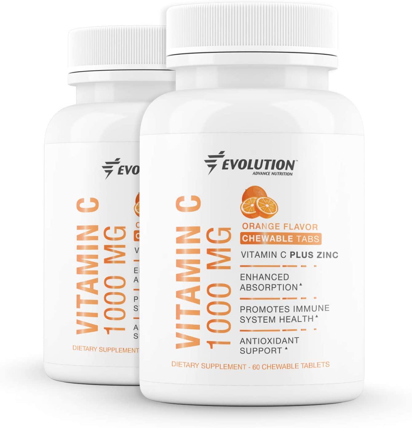 Evolution Advance Nutrition Vitamin C with Zinc, Keto, Vegan, Orange Flavor, Enhances Absorption, Antioxidant Support and Promotes Immune System Health 120 Chewable Tablets (1000 mg ea)