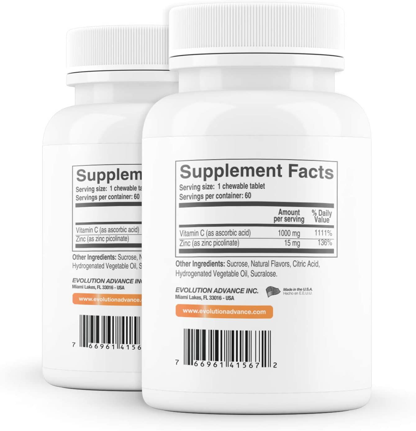 Evolution Advance Nutrition Vitamin C with Zinc, Keto, Vegan, Orange Flavor, Enhances Absorption, Antioxidant Support and Promotes Immune System Health 120 Chewable Tablets (1000 mg ea)