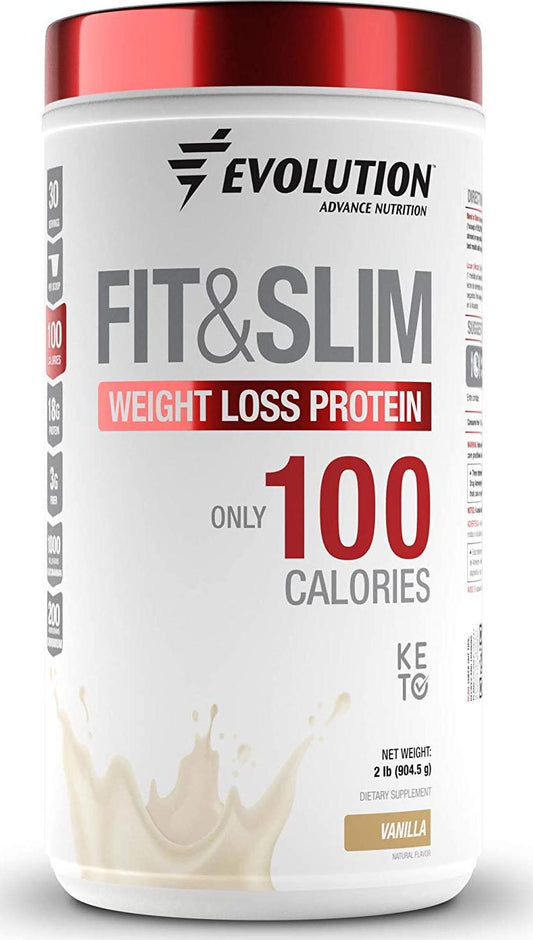 Evolution Low Carb Fit and Slim Grass Fed Whey Protein – High Fiber – Keto Approved – Stevia Sweetened – Only 100 Kcal per Serving – 2 Pounds - 30 Servings – Award Winning Taste Vanilla