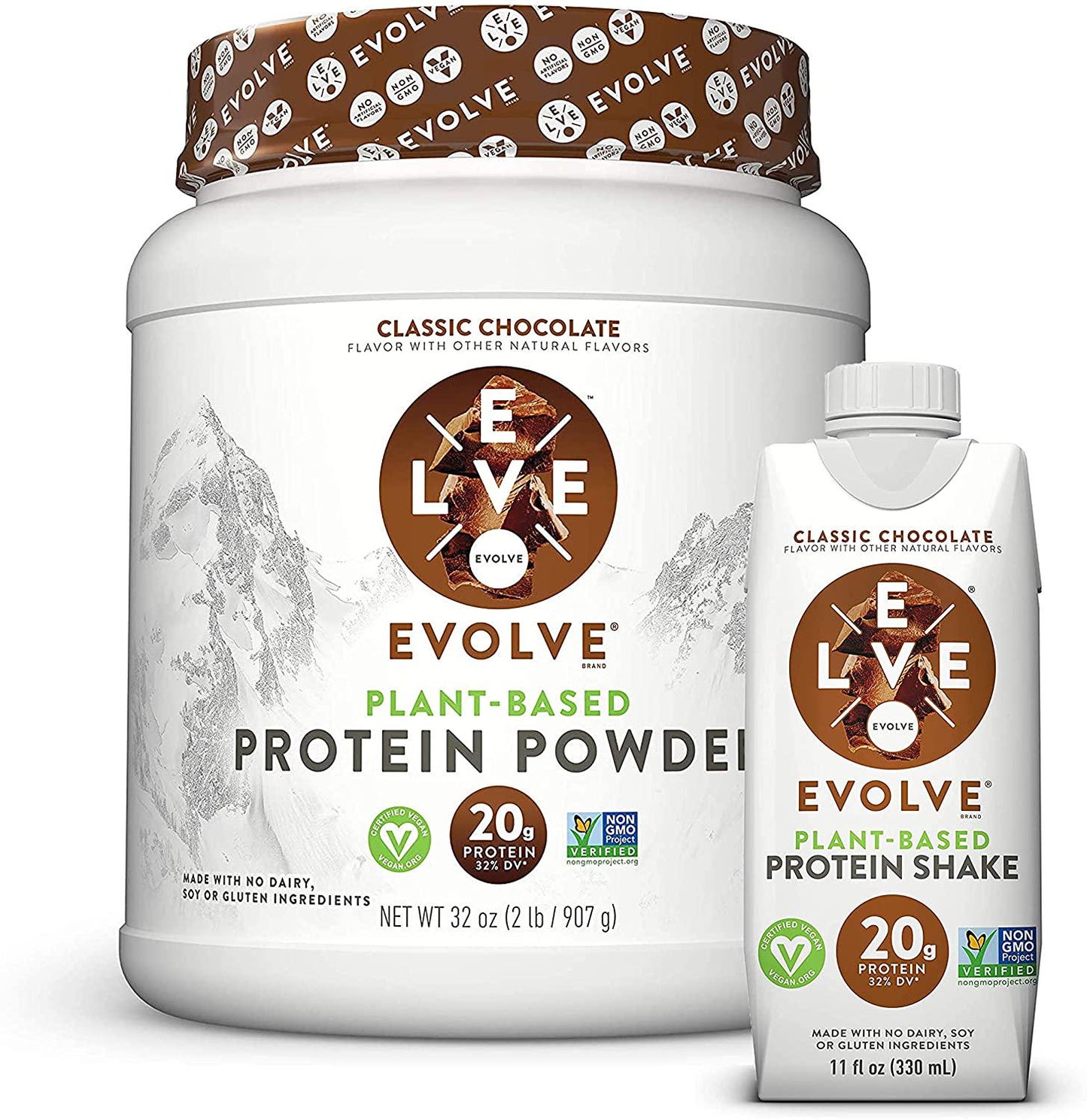 Evolve Plant-Based 20g Protein Shake and Powder Bundle Pack, Classic Chocolate, 11oz Cartons (12 Pack) and 2lb Canister