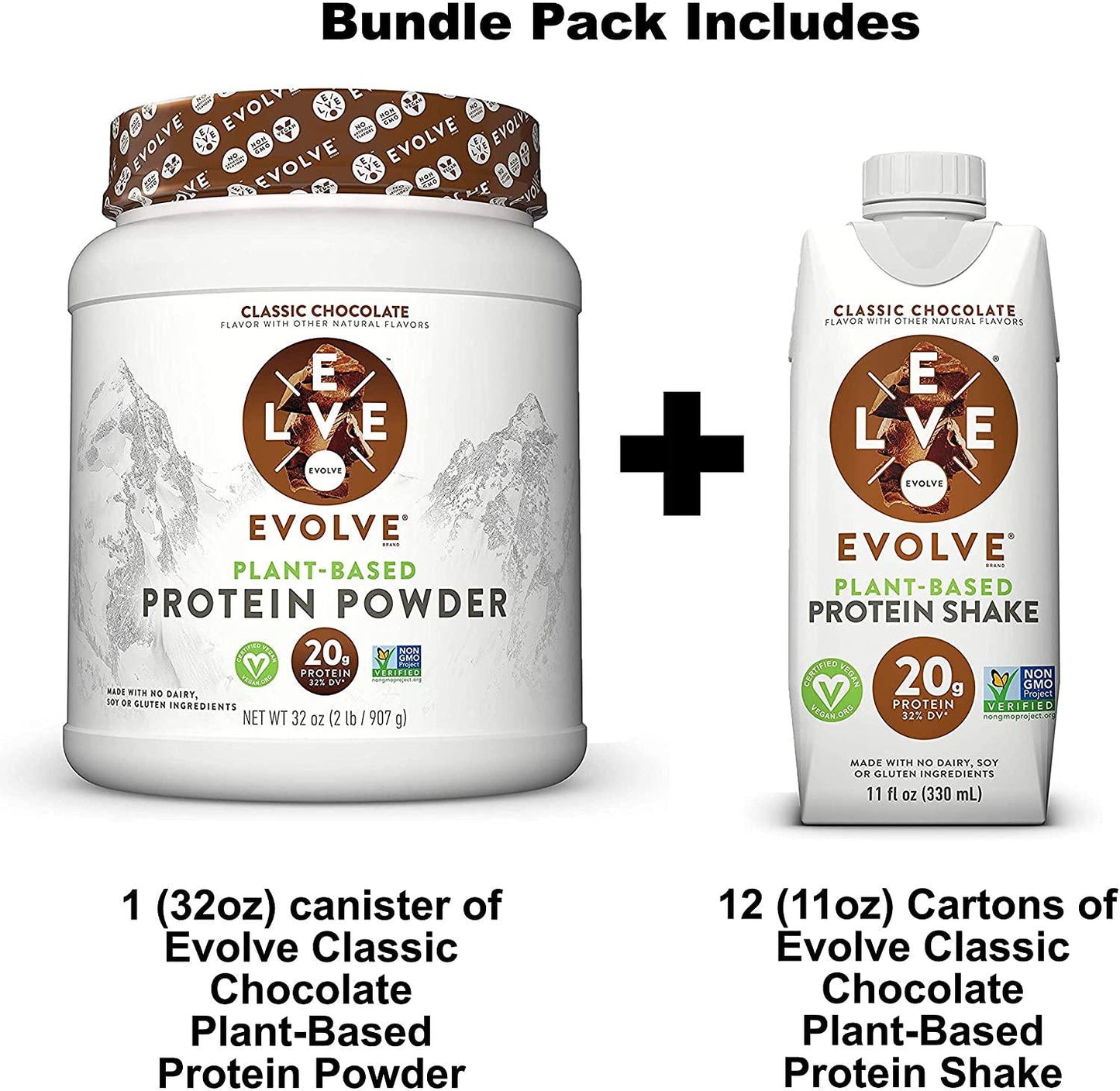 Evolve Plant-Based 20g Protein Shake and Powder Bundle Pack, Classic Chocolate, 11oz Cartons (12 Pack) and 2lb Canister