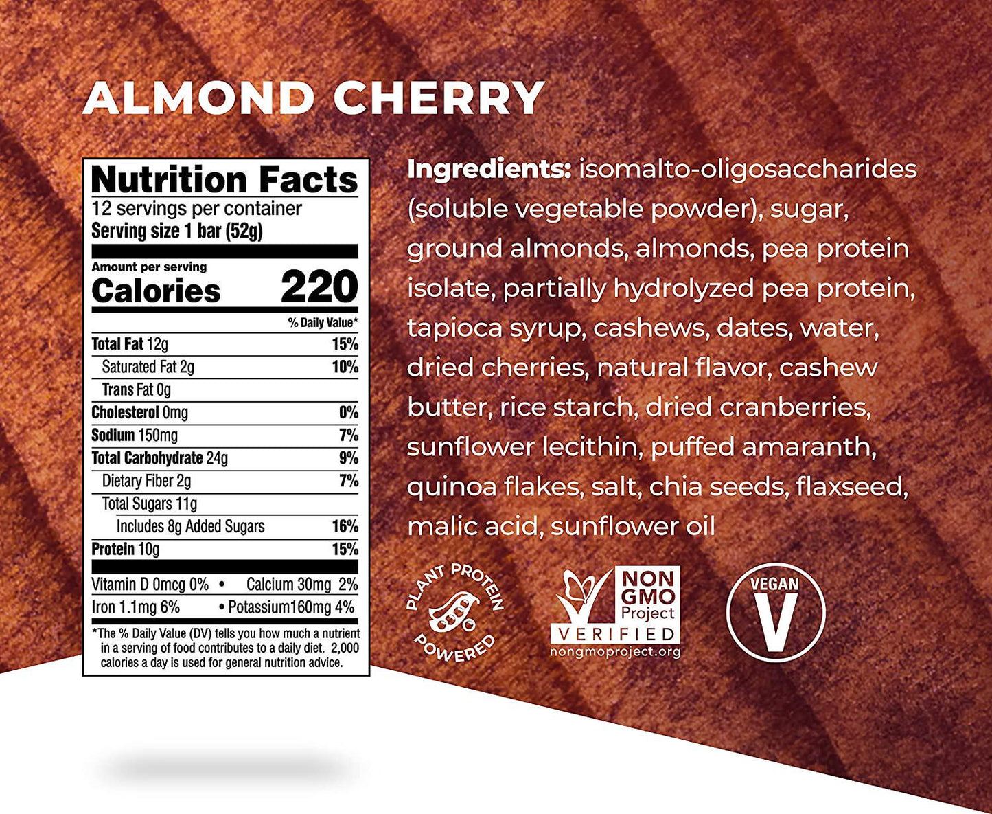 Evolve Plant Based Protein Bar, 10g Vegan Protein, Dairy Free, No Artificial Flavors, Non-GMO (Packaging May Vary), Almond Cherry, 23.28 Oz, Pack of 12