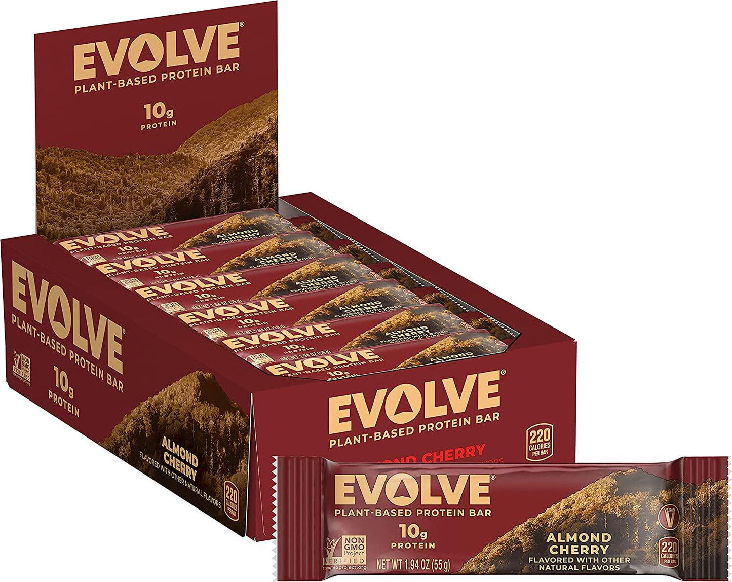 Evolve Plant-Based Protein Bars, Almond Cherry, 10g Protein, 1.94 Oz 12 Count