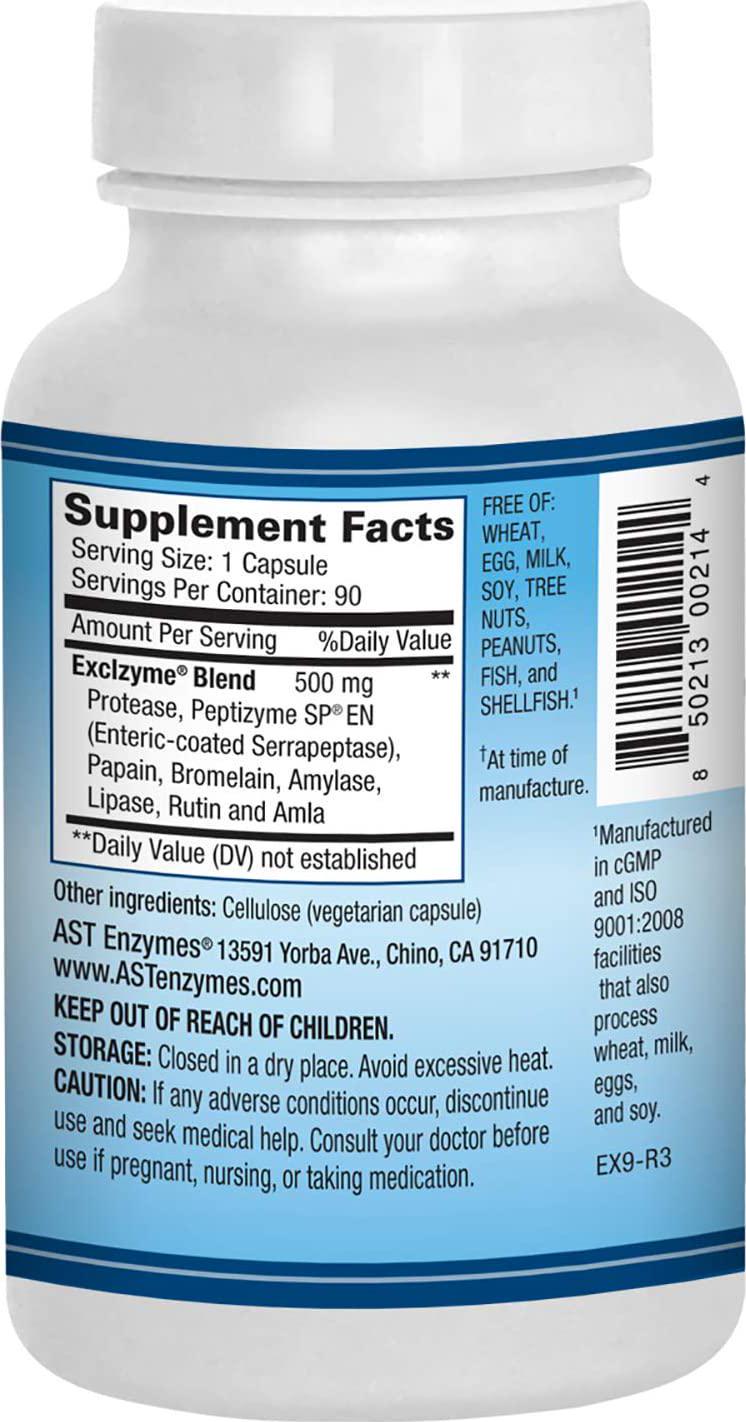 Excellacor – Proteolytic Systemic Enzymes Formula – with Enteric-Coated Serrapeptase - Total Body Support - 90 Vegetarian Capsules - AST Enzymes