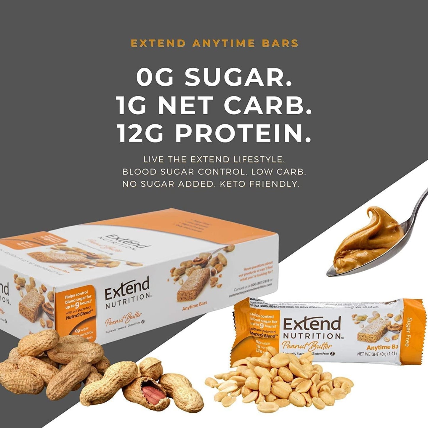 Extend Bar Gluten Free Low Carb Diabetic Snack Energy Bars 1.41 Ounce Bars, Peanut Butter, 15 Count