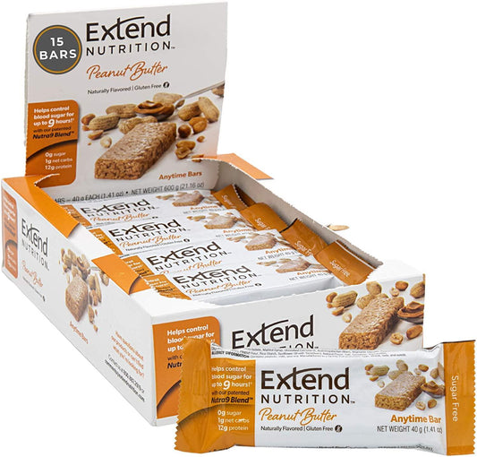 Extend Bar Gluten Free Low Carb Diabetic Snack Energy Bars 1.41 Ounce Bars, Peanut Butter, 15 Count