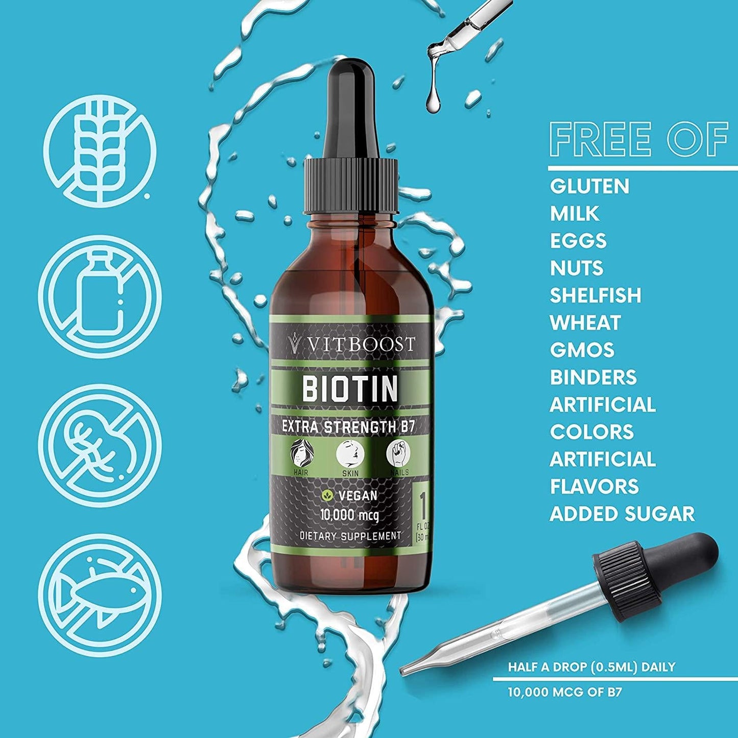 Extra Strength 10,000 mcg Biotin Liquid Drops with Organic Berry Flavor | 60 Servings | Vegan Formula Supports Hair Growth, Strong Nails, Healthy Skin | NO Artificial Preservatives