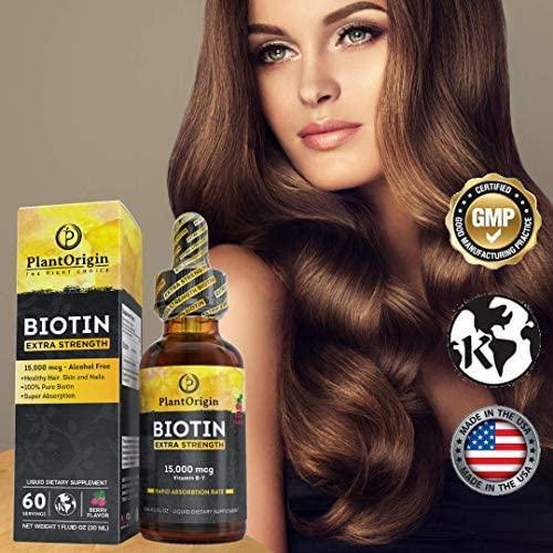 Extra-Strength 15000mcg Biotin Liquid Vitamin Drops - Supports Hair Growth, Glowing Skin and Strong Nails , Alcohol-Free and Kosher,Berry Flavor and Coconut Oil - 5X Better Absorption, 60 Servings
