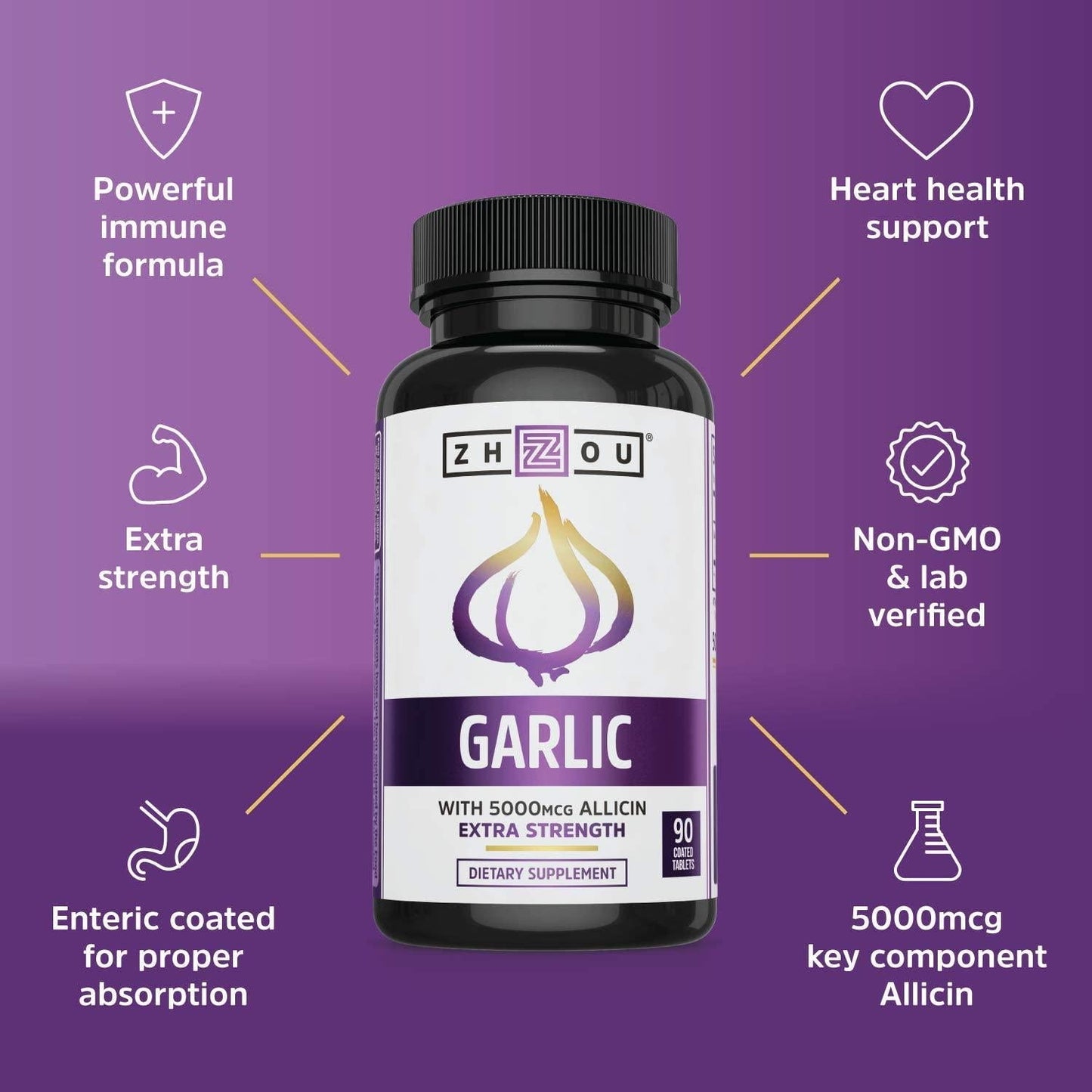 Extra Strength Garlic with Allicin - Powerful Immune System Support Formula - Enteric Coated Tablets for Easy Swallowing - Feel the Allicin Difference - 3 Month Supply