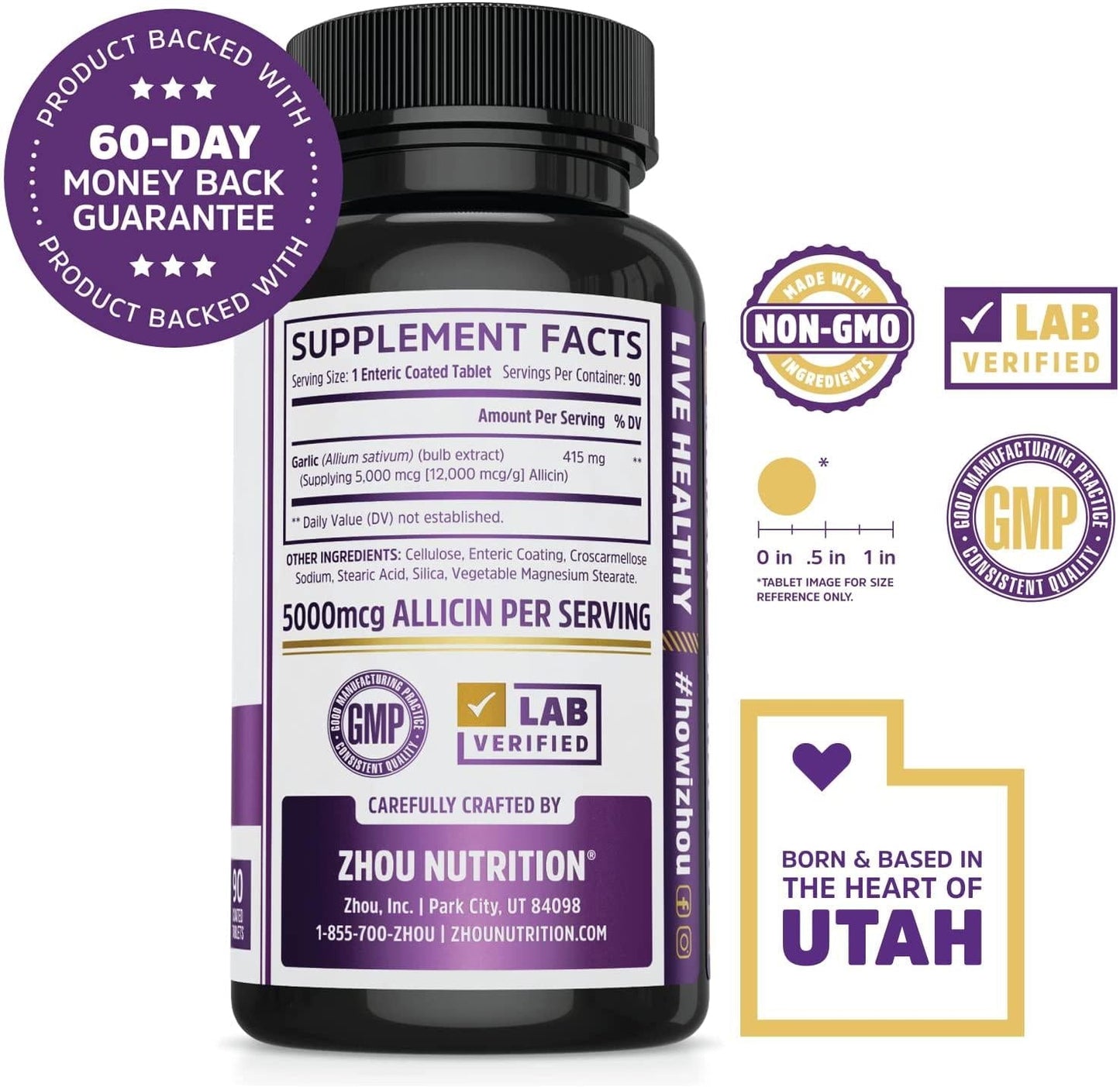 Extra Strength Garlic with Allicin - Powerful Immune System Support Formula - Enteric Coated Tablets for Easy Swallowing - Feel the Allicin Difference - 3 Month Supply