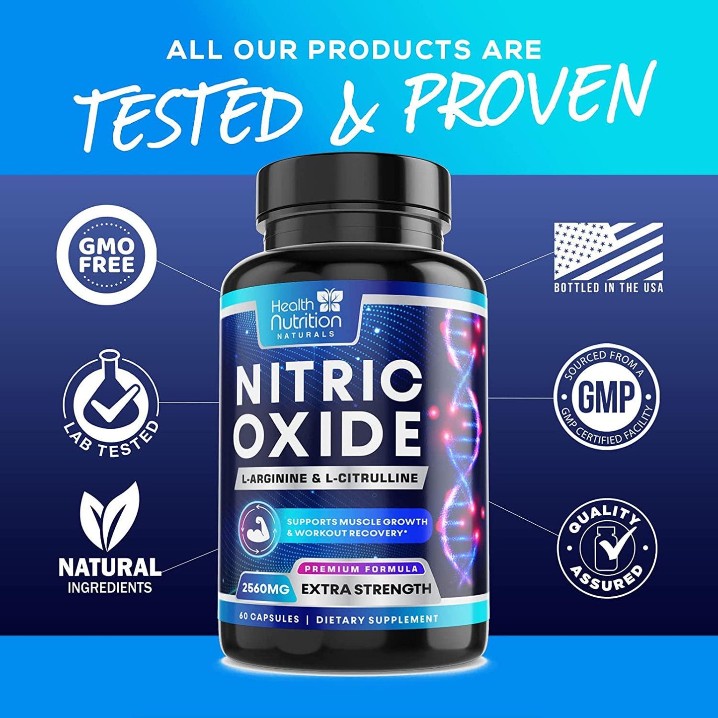 Extra Strength L-Arginine Supplement - 3X Strength Nitric Oxide Booster Supports Muscle Growth - with Citrulline Malate, AAKG, Beta Alanine for Strength and Energy to Train Harder - 60 Capsules