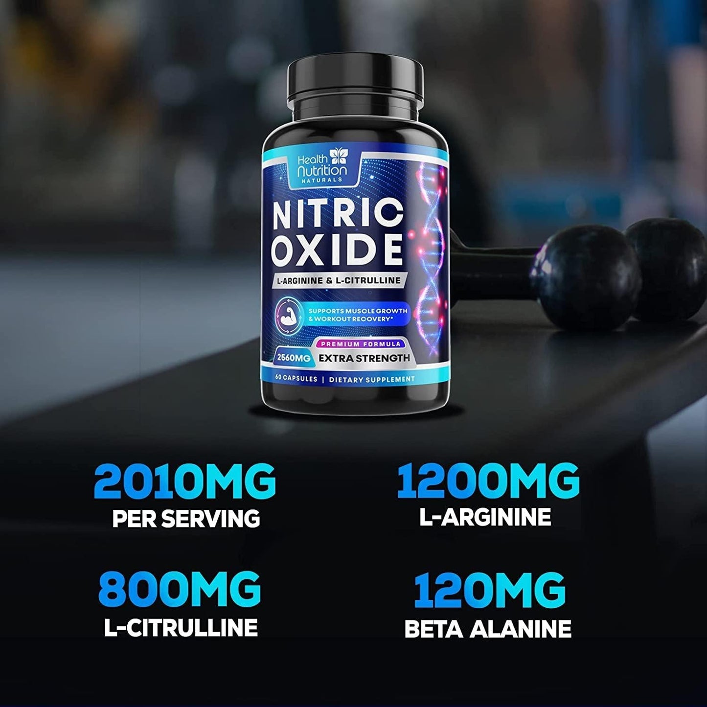 Extra Strength L-Arginine Supplement - 3X Strength Nitric Oxide Booster Supports Muscle Growth - with Citrulline Malate, AAKG, Beta Alanine for Strength and Energy to Train Harder - 60 Capsules