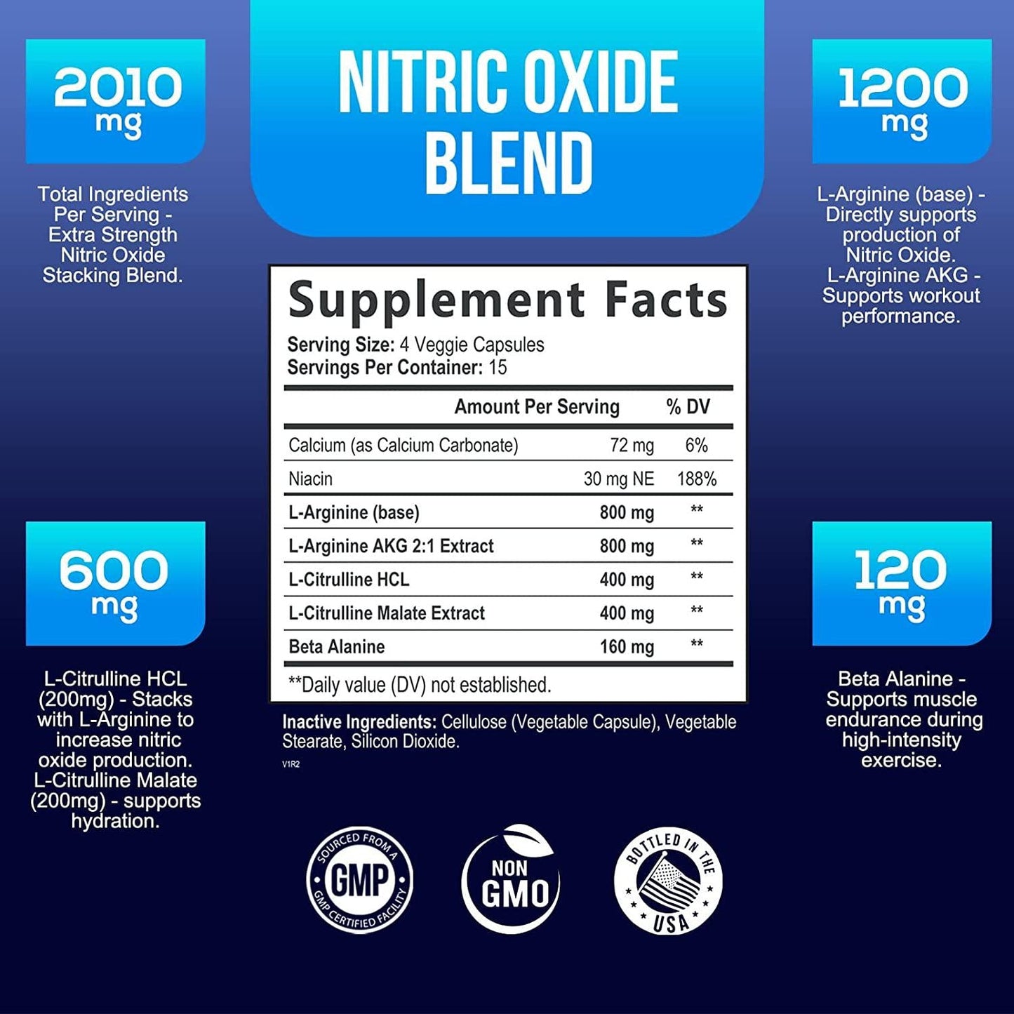 Extra Strength L-Arginine Supplement - 3X Strength Nitric Oxide Booster Supports Muscle Growth - with Citrulline Malate, AAKG, Beta Alanine for Strength and Energy to Train Harder - 60 Capsules